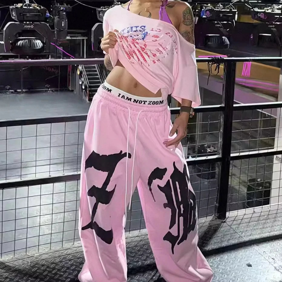 American Hiphop Street Dance Letter Print Loose Sports Pants Double Waist for Women Casual Wide Leg Pants Comfortable Fit