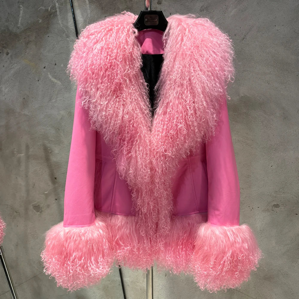Sheep Collar Coats Women Winter Luxury Mongolian Fur Leather Jackets with Long Sleeve 7251