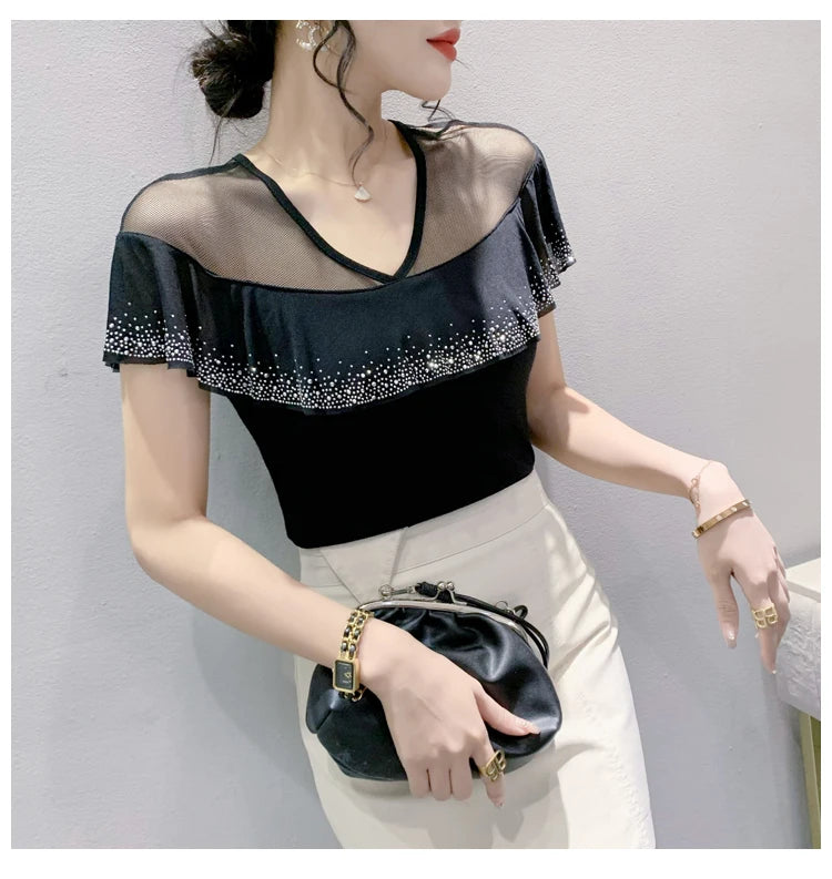Real Photos Summer Tops Girl Patched Ruffles Mesh V Neck Short Sleeve T Shirt Women Fashion Tees Tshirts Beach Clothing