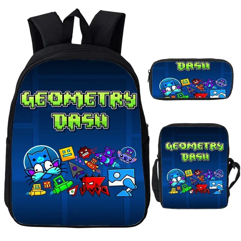 Large Capacity Bookbag 3pcs Set Boys Girls School Bags Angry Geometry Dash Cartoon Print Children Backpack Back To School Gifts