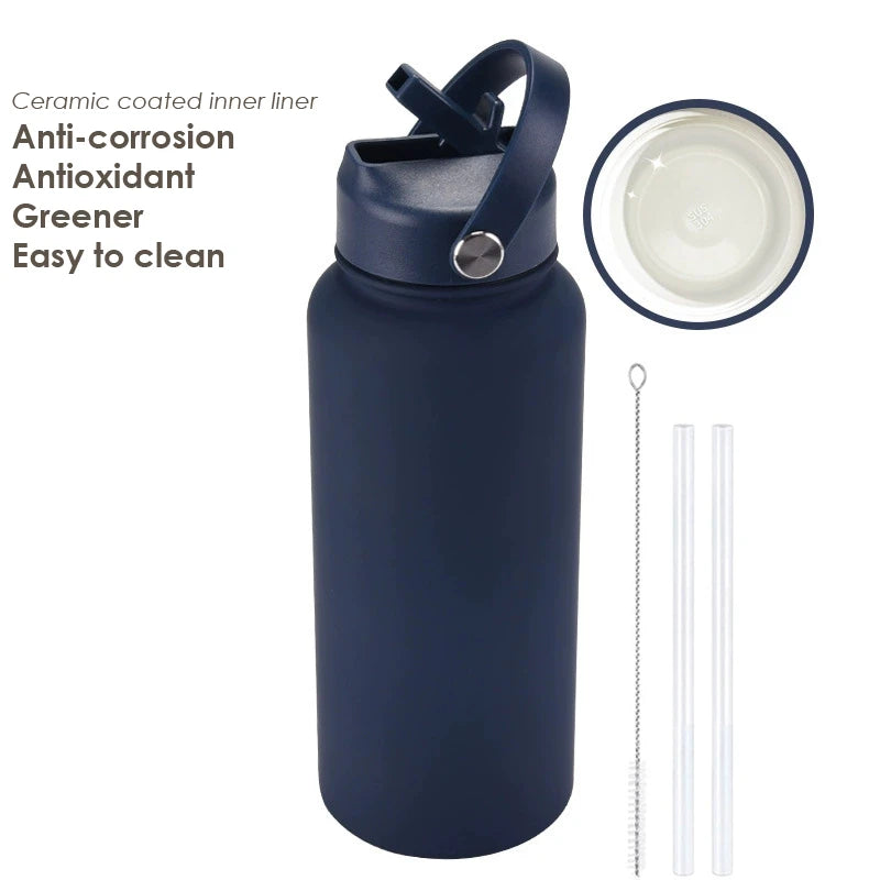 1000ML Water Bottle With Straw Lid Vacuum Insulated FlaskThermos Tumbler Ceramic Anti-Corrosion Coating Custom Gifts