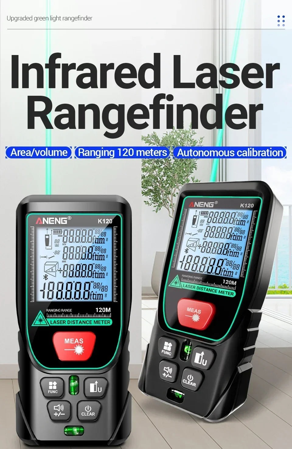 Laser Rangefinders ANENG K120 Distance Meter Laser Tape Measure 50M 70M 100M 120M Electronic Ruler Useful Measurement Test tools