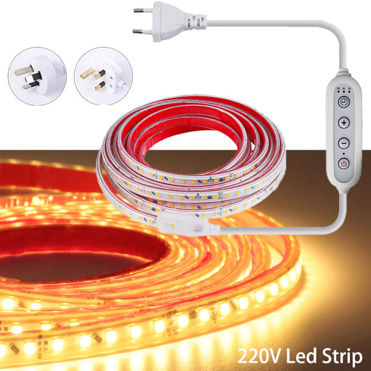 Led Strip Light AC220V 120LEDs/m Flexible Tape IP67 Waterproof with EU AU UK Timing Dimming Switch Plug Self-Adhesive LED Light