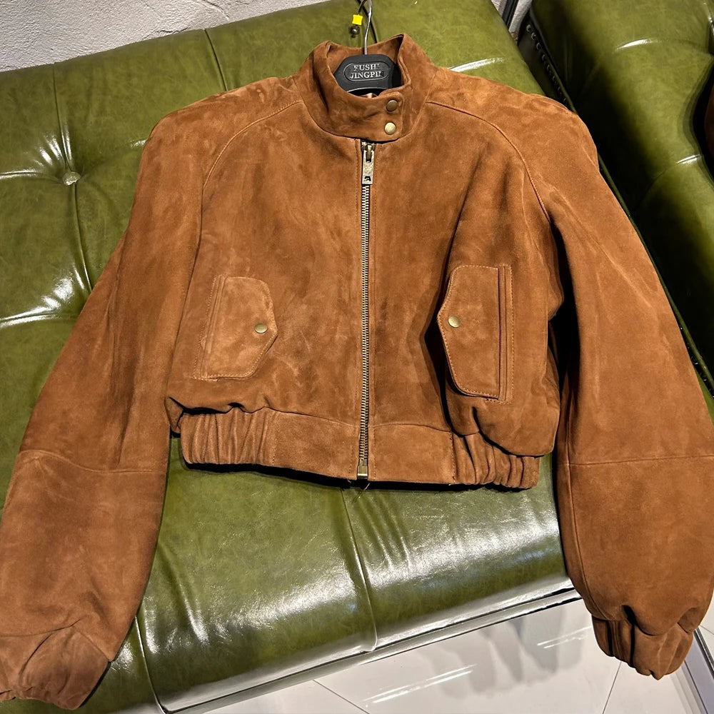 Cropped Suede Brown Women Jacket Drop-shoulder Real Leather Jackets 2025 New Outerwear