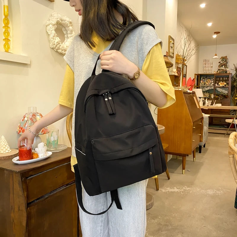 Simple Solid Color Backpack Women 2022 Waterproof Nylon School Bags For Teenager Girls Bookbag Lady Travel Backbag Shoulder Bag