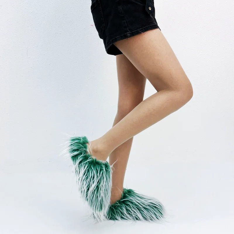 2025 Summer Brand New Fashion Leisure Round Toe Horse Hair Slippers for Women Elegant Flat Platform Slip-on Big Size Shoes 42 43
