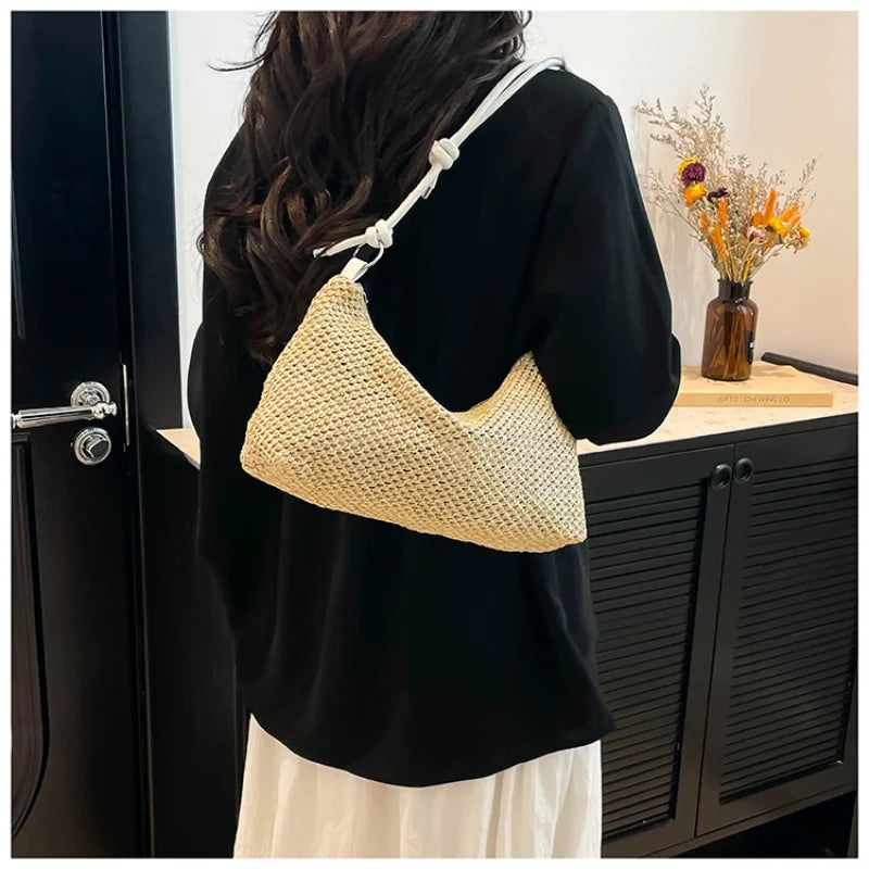 Women Woven Bag Summer Beach Holiday Handbag Portable Tote Bag Fashion Casual Big Capacity Leather Rope Women Shoulder Bags
