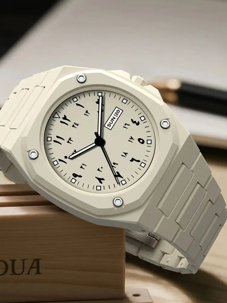 Both men and women can wear this stylish new men's watch. It is a simple black men's quartz watch with Arabic numerals and a cas