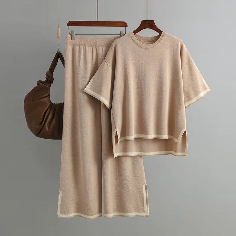 Pants Set Women Two Piece Sets Short Sleeve Spring Knit Tops Loose Casual Wide Leg Long Pants High Waist Y2k Streetwear Spring