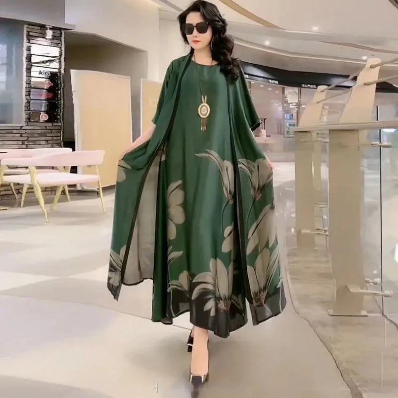 Authentic Silk Dress for Mother, Silkworm Loose Dress, High-End Print, 2-Piece Dress, Women's Dresses, Spring, Summer, New, 2023