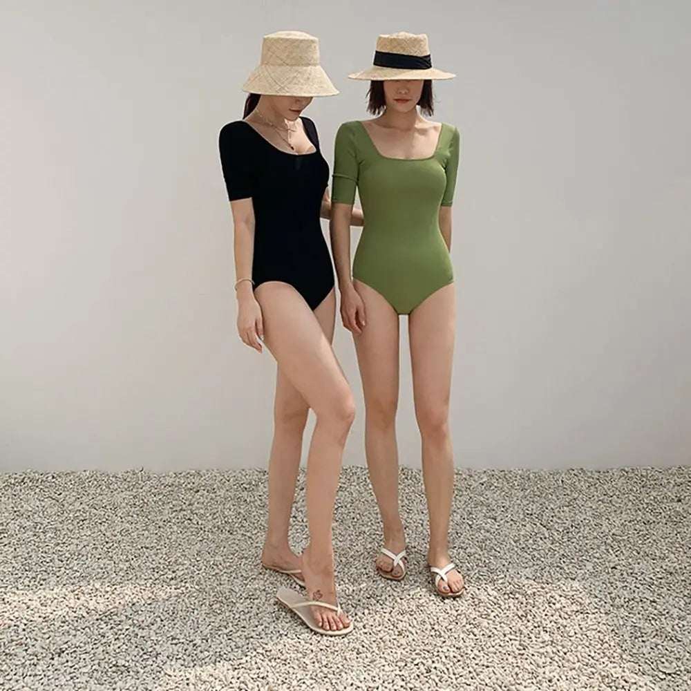 Ladies Bathing Suit Solid Color Hollow Out Swimsuit Slim Design High Waist Backless Swimsuit Mesh Cut Short Sleeve Swimwear Bath
