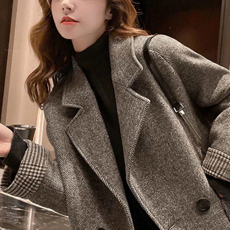 Woolen Suit Jacket for Women Autumn Winter Korean Loose Casual Blazers Thick warm Pocket Turndown Collar Women's Coat