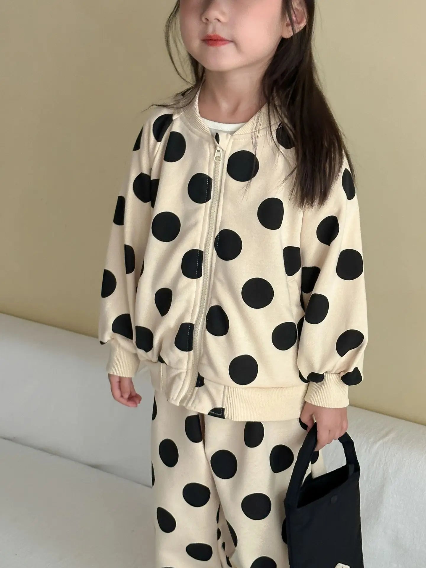 2025 Autumn New Children Long Sleeve Clothes Set Boys Girls Zipper Coat + Sweat Pants 2pcs Suit Kids Casual Polka Dot Outfits