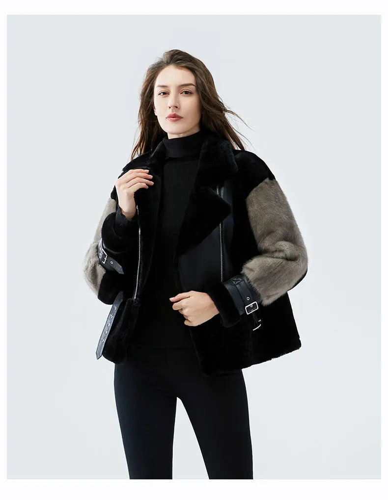 Sheepskin Coat For Women Winter Merino Fur Real Sheep Fur Jacket With Real Mink Fur Sleeve Motorcyle Female Winter Clothings