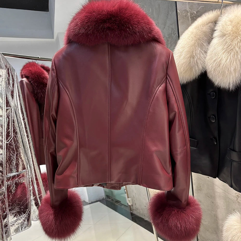 YOLOAgain Women's Mongolia Sheep Fur Collar Real Leather Jacket Single Breasted