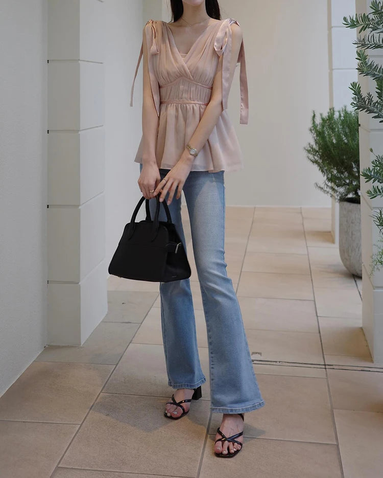 Women's Tops Summer Bow Tie Sweet Elegant Blouse Femme V Neck Shirt Waist-Cinching Japanese Style Sleeveless Chiffon Blouse