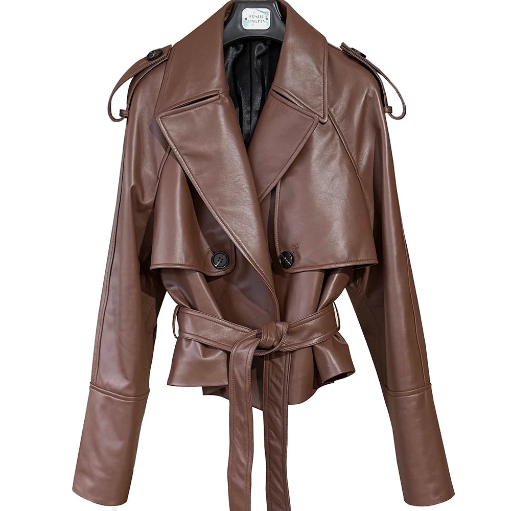 YOLOAgain Vintage Grain Leather Jacket Women Real Leather Sheepskin Jacket With Belt
