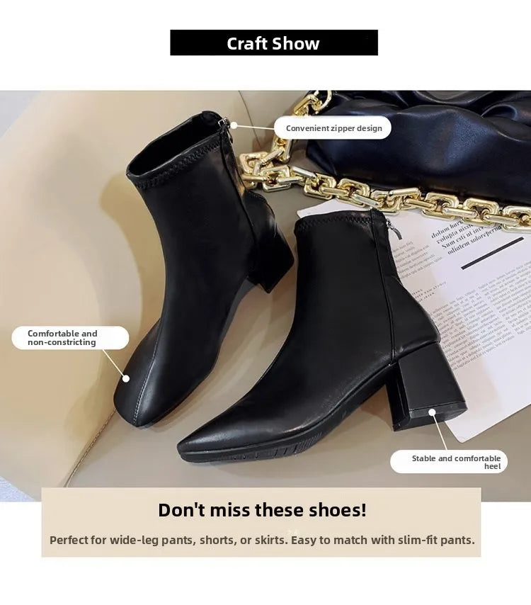 Ladies Bla High Heel ort Boots Spring Autumn Briti Sle Square Head  Boots Faionable Waterproof PU Leather