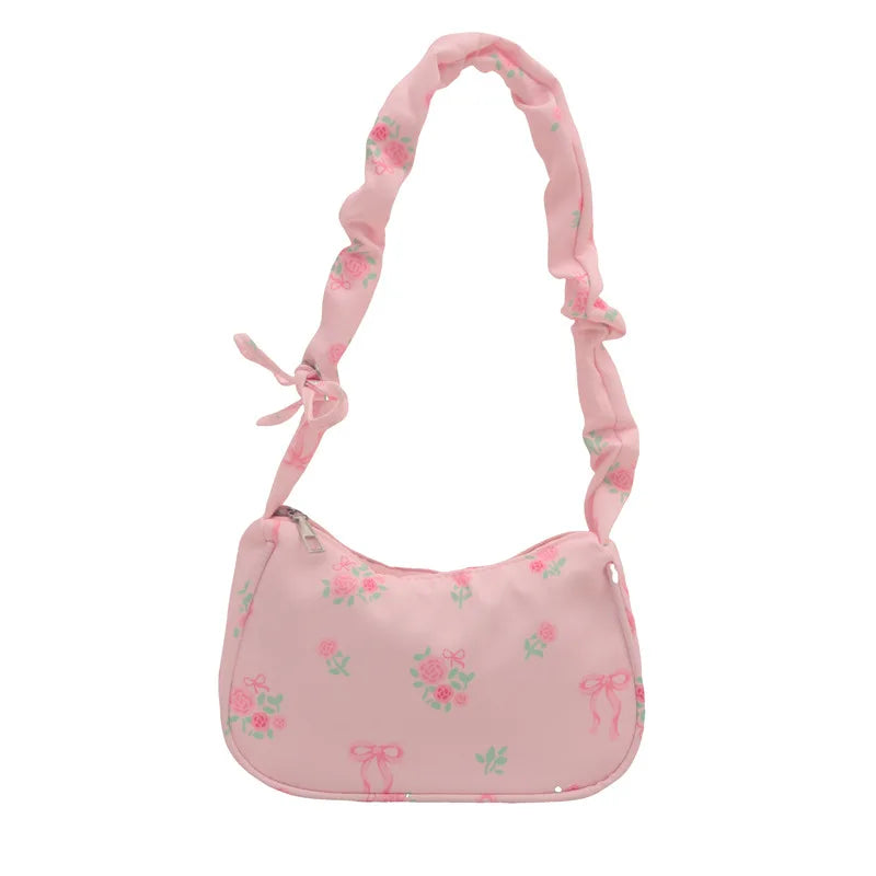 Women's Bags New Sweet Print Canvas Handbags Korean Floral Bow Printed Zipper Tote Bag Female Small Shoulder Bag