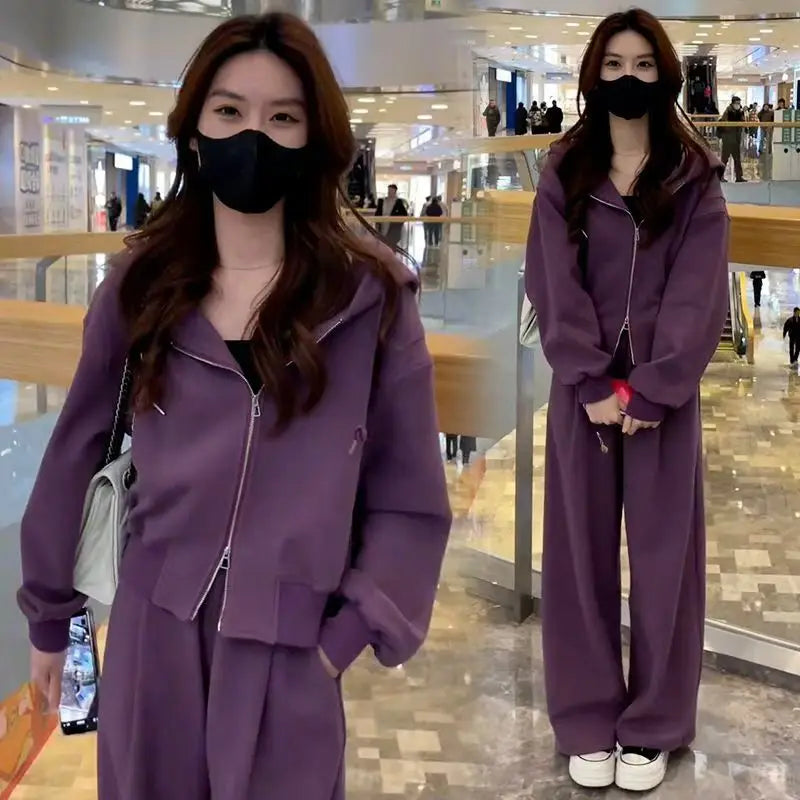 Pant Sets Two Pieces Hooded Hoodies Matching Sets Zipper Sweatshirts Long Sleeve Loose Drawstring Straight Pants Casual
