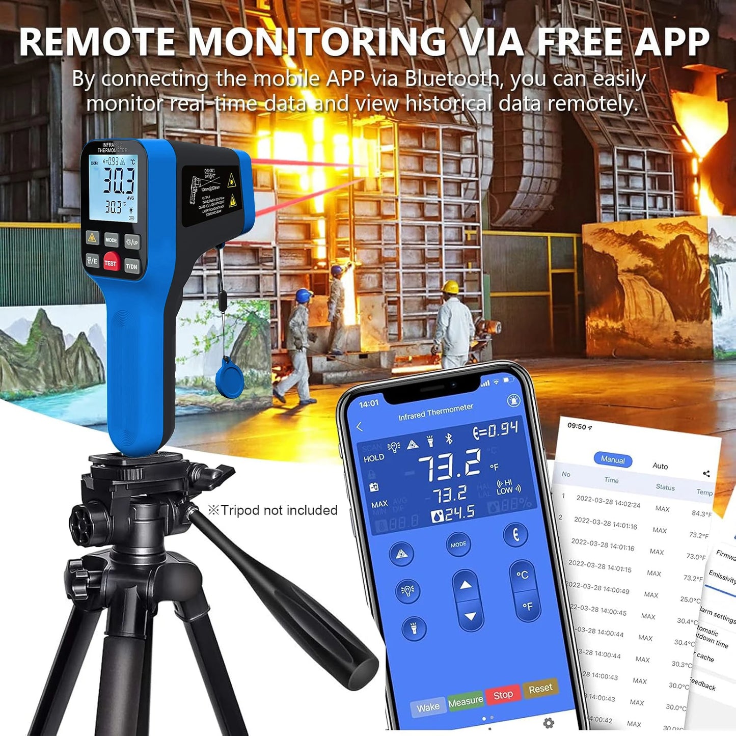 Non-Contact Infrared Thermometer with Laser Targeting - Button-Operated Industrial/High-Temperature Surface Measuring Tool
