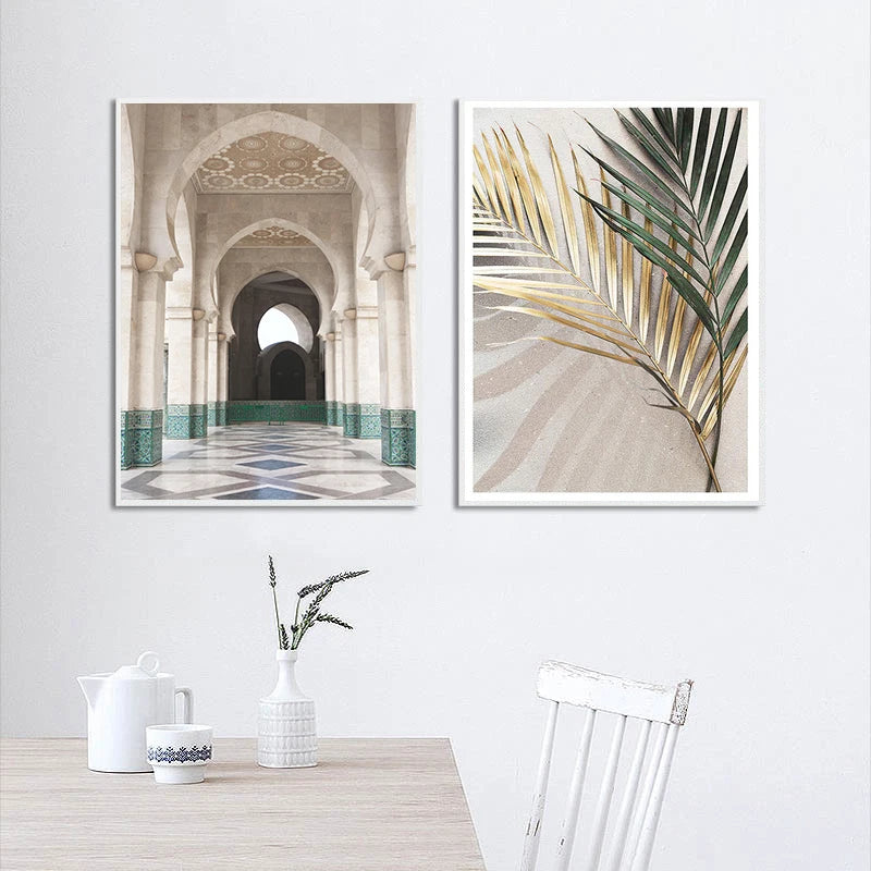 Islamic Bismillah Green Leaf Canvas Painting Moroccan Arch Calligraphy Wall Art Picture Poster Print for Living Room Home Decor