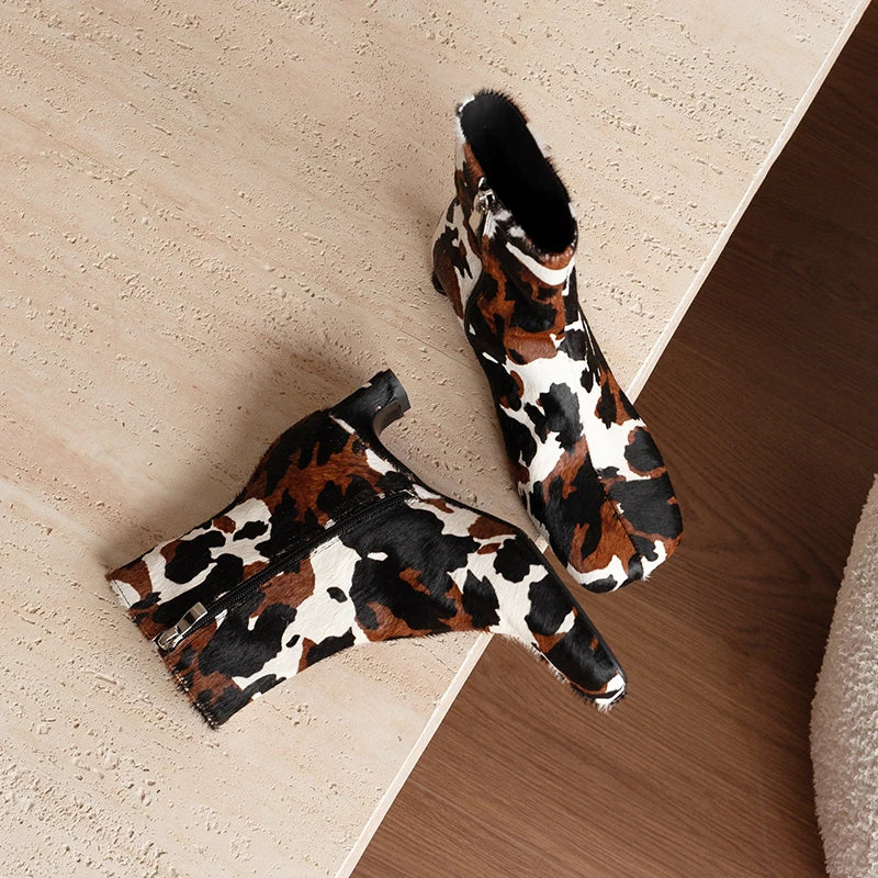 Genuine Leather Horsehair Square Toes Ankle boots,Fashion winter woman boots,knight boots, Modern High Heel boots Women pumps