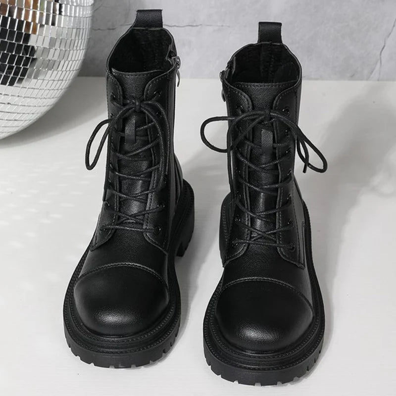 2025 Fashion Leather Lace-Up Ankle Boots for Women Wear-Resistant Zip Platform Woman Bootie Round Toe Zip Women's Boots