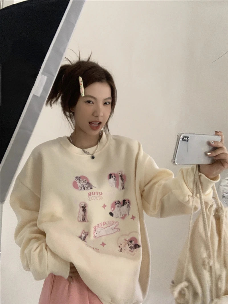 KOSAHIKI Cute Hoodies Women Letter Dog Print Sudaderas Mujer O-neck Sweatshirt Harajuku Streetwear Y2k Pullover Moletom Feminino