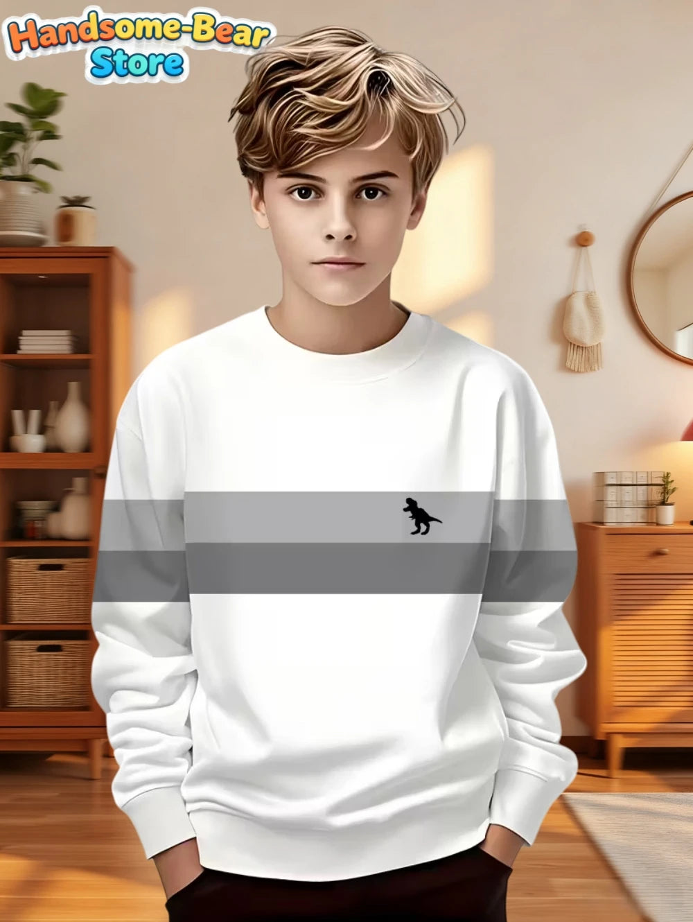 Autumn Classic Boys Sweatshirt Outdoor Round Neck Long Sleeves Top Stripe 3D Print Loose Hoodies Streetwear Children's Clothing