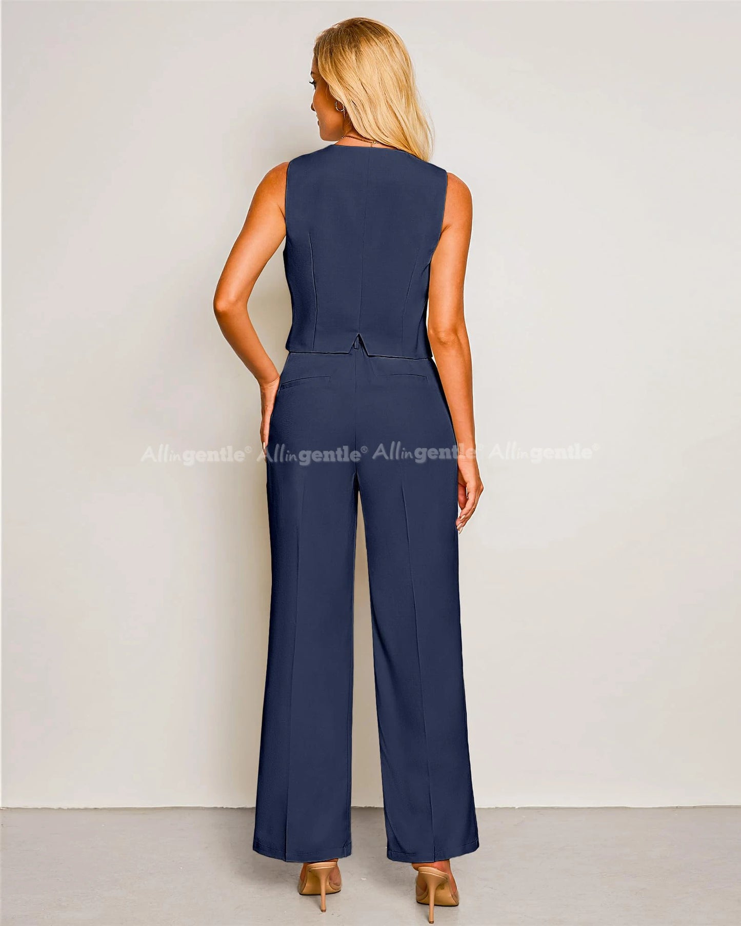 Pant Suits for Women Dressy Casual 2 Piece Sets Sleeveless Blazer Vest with High Rise Wide Leg Pants Outfit
