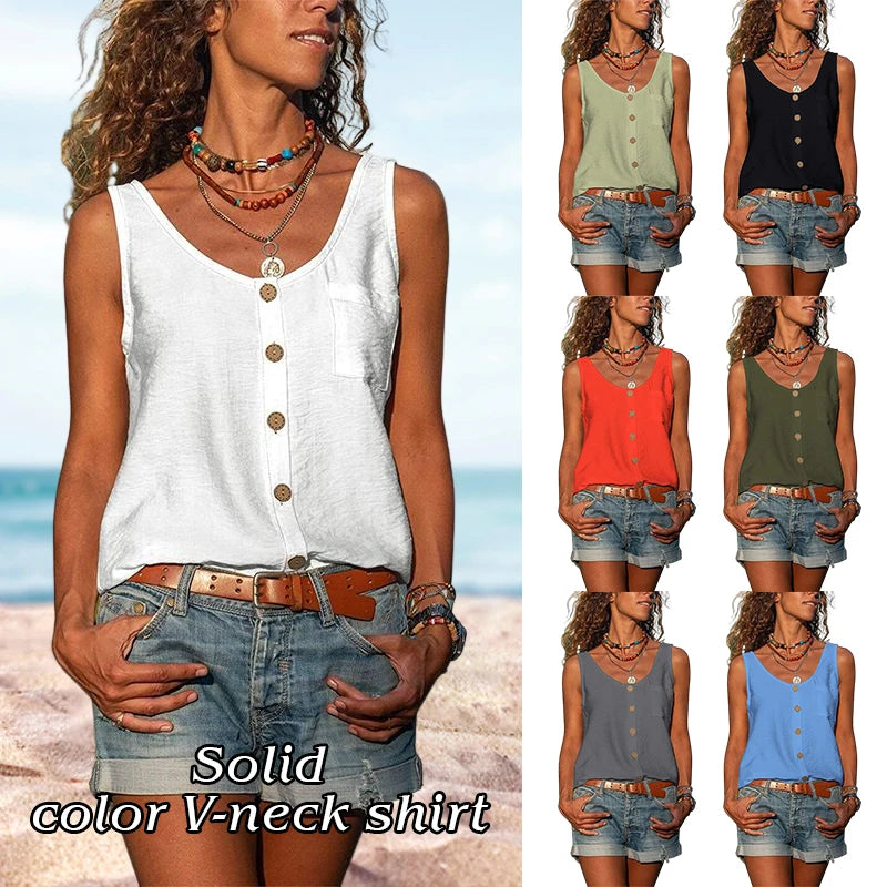 Women Summer Loose Vest Tops Buttons Chiffon Blouse Holiday T Shirt Casual Cami Tank Top Sleeveless Base V-neck Camisoles