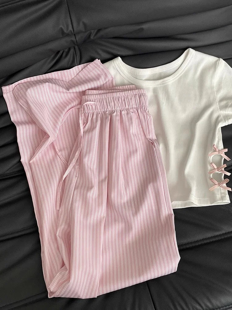 Blue Ice Silk Stripe Pants Women's Casual Summer Spring Wide Leg Pants Small Size Sembach Trousers High Waist Loose Fit