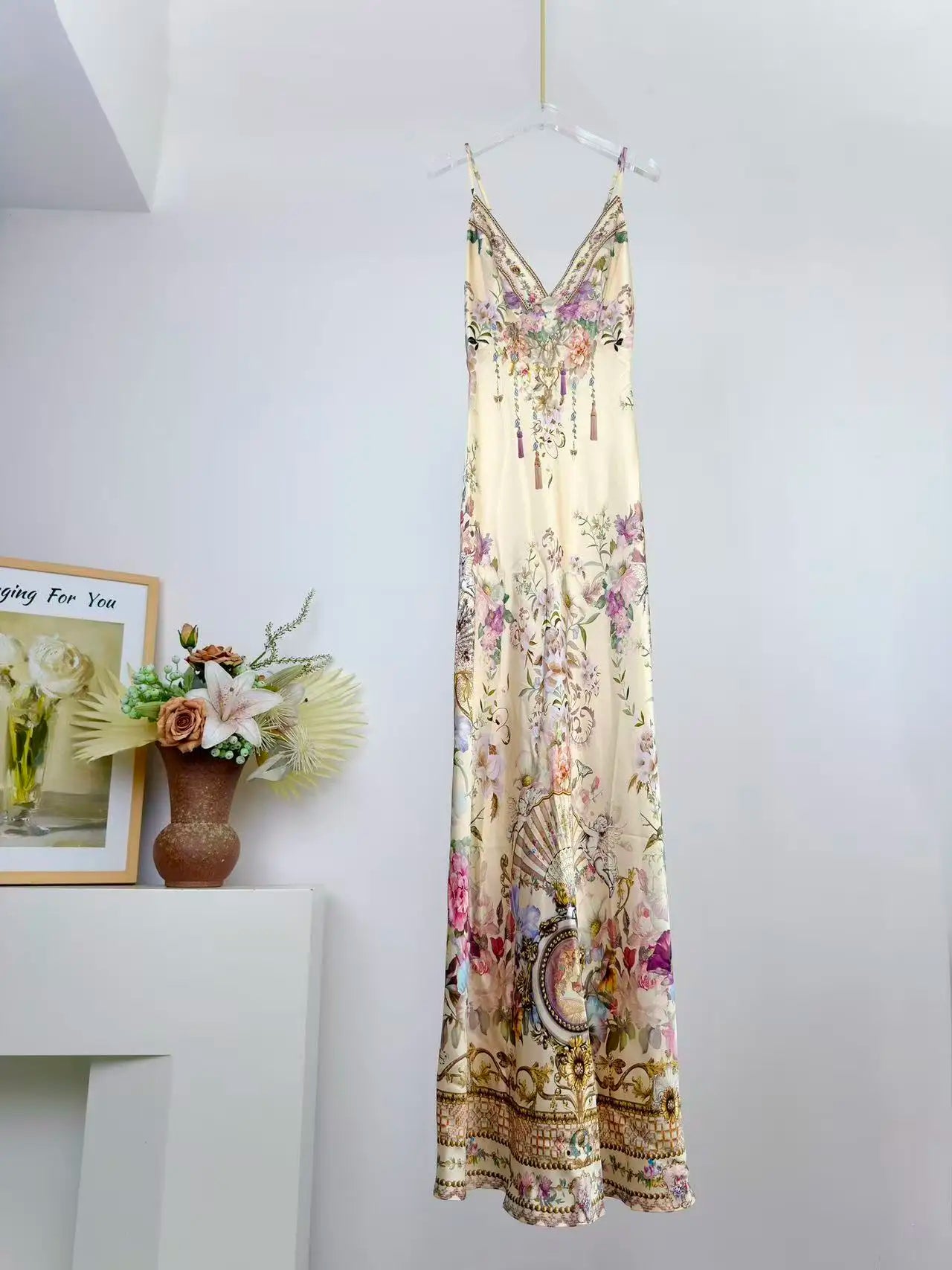 Women Silk Flower Printed Long Dress Heavy Beaded V-Neck Lantern Sleeve Loose Female dress