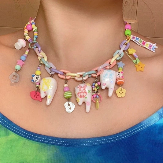 Teeth Necklace Beaded Pin Cute Children's Fun Design Necklace Creative Versatile Button Accessories for Women
