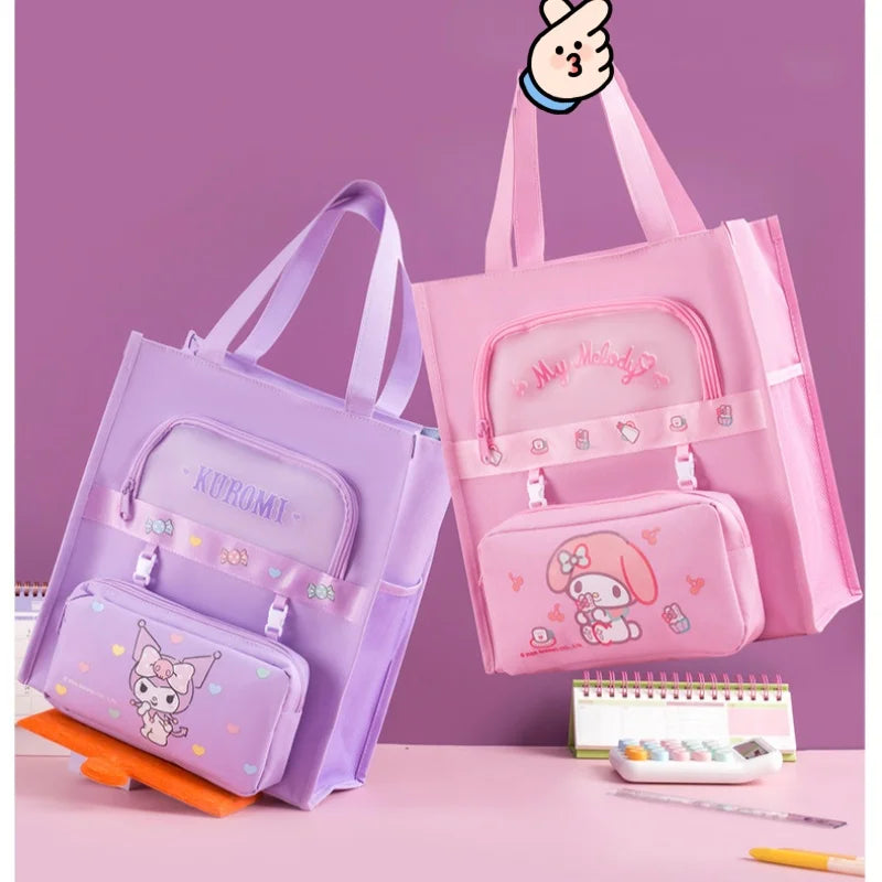 Sanrio Characters Library Tote Bags School Bag Large Capacity Students Canvas Storage File Bag Tutoring Handbag