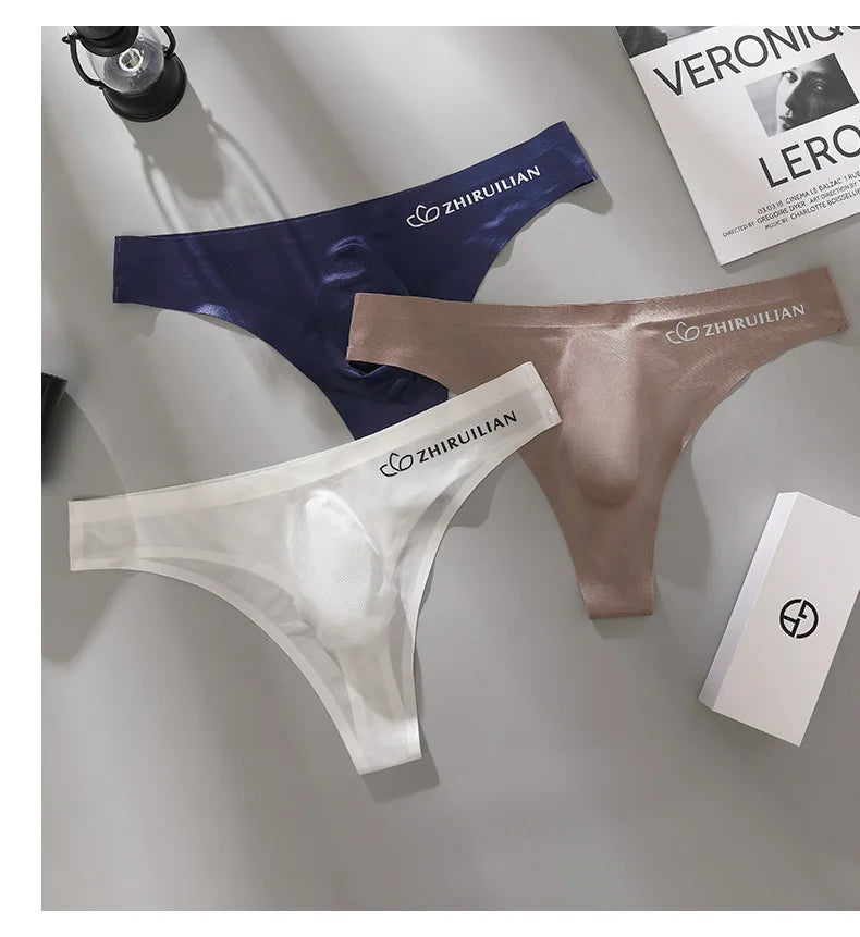 Men's Thongs Low Waist Underwear Sexy Ice Silk T-Back Panties Breathable Quick Drying G-string Seamless Ultra-thin Underpants