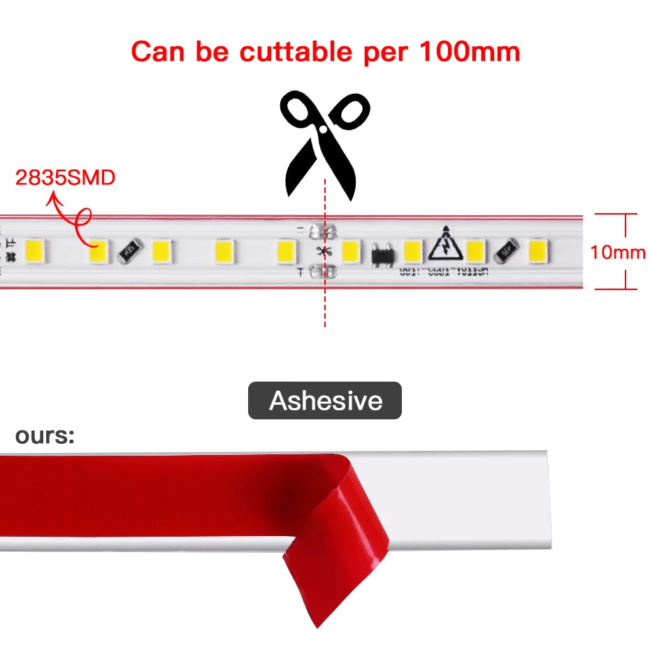 Led Strip Light AC220V 120LEDs/m Flexible Tape IP67 Waterproof with EU AU UK Timing Dimming Switch Plug Self-Adhesive LED Light