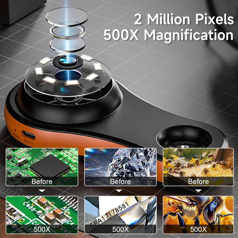 Digital Magnifier HD1080P Portable Handheld Microscope 2.0’’ IPS Screen 8 LEDs With Magnifying Glass for Electronics PCB Repair