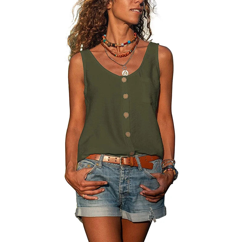Women Summer Loose Vest Tops Buttons Chiffon Blouse Holiday T Shirt Casual Cami Tank Top Sleeveless Base V-neck Camisoles