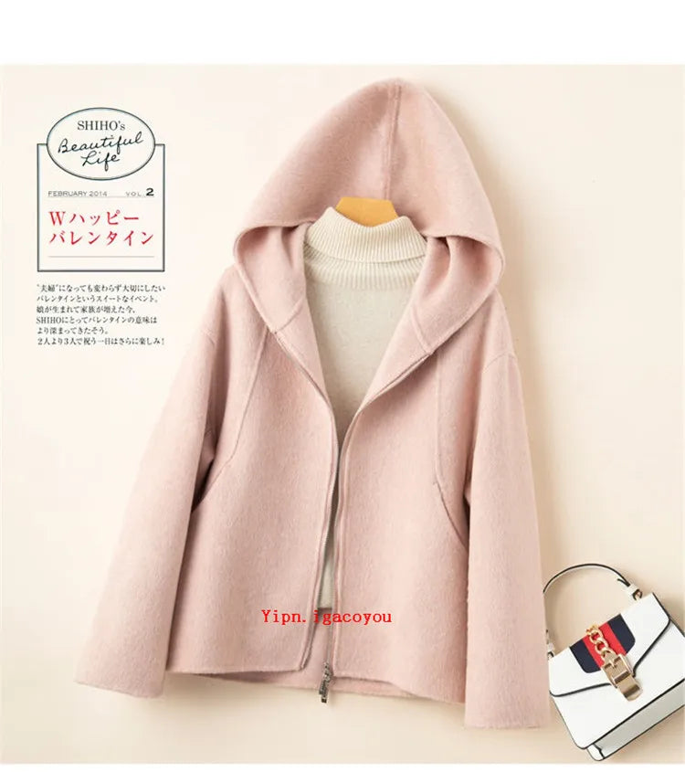 Elegant Woolen Coat Woman 2025 Winter New Fashion Pink Hooded Short Zipper Double-Sided Wool Jacket Ladies Slim Outerwear B810