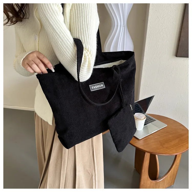 Ladies' handbag, corduroy ladies' shoulder bag, daily commuting tote bag, shoulder bag with small bag