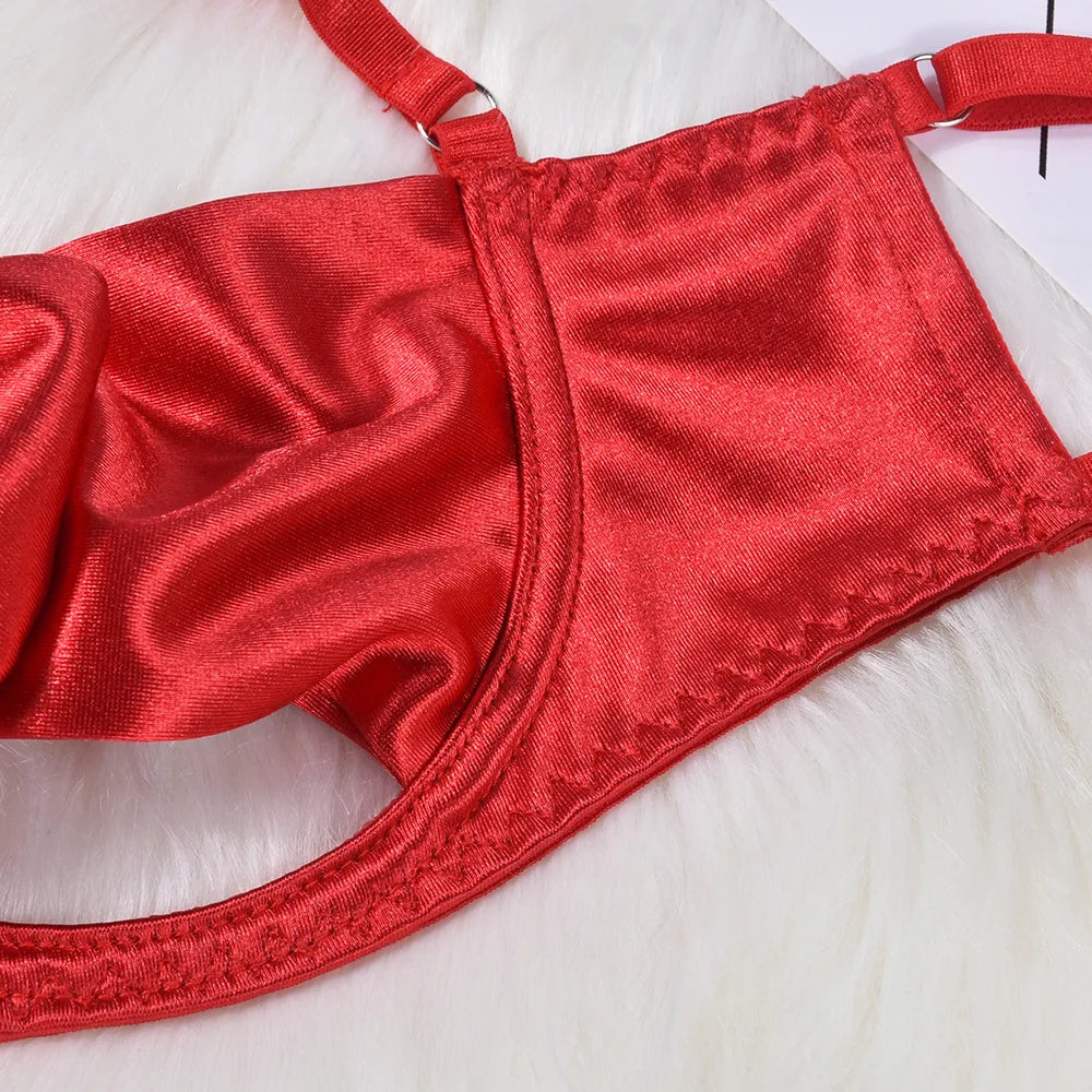 Lingerie's new hot selling European and American lingerie with exquisite bow and hollow out sexy three piece set with steel ring
