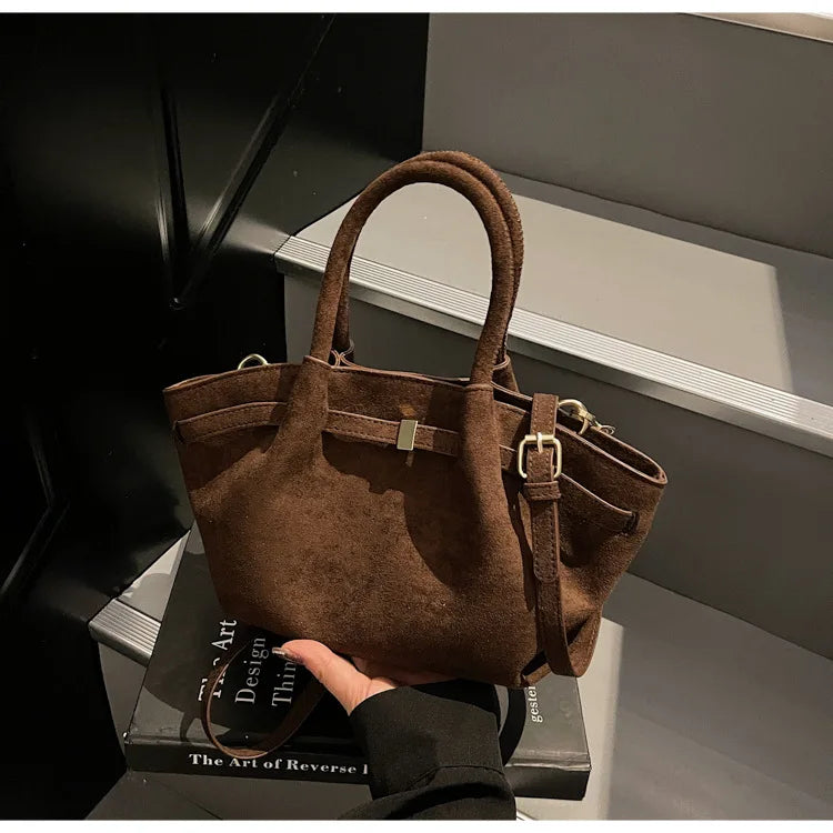 Matte Leather Suede Tote Handbags for Women Large Capacity Retro Shoulder Bag Fall Winter Belt Design Female Crossbody Bags