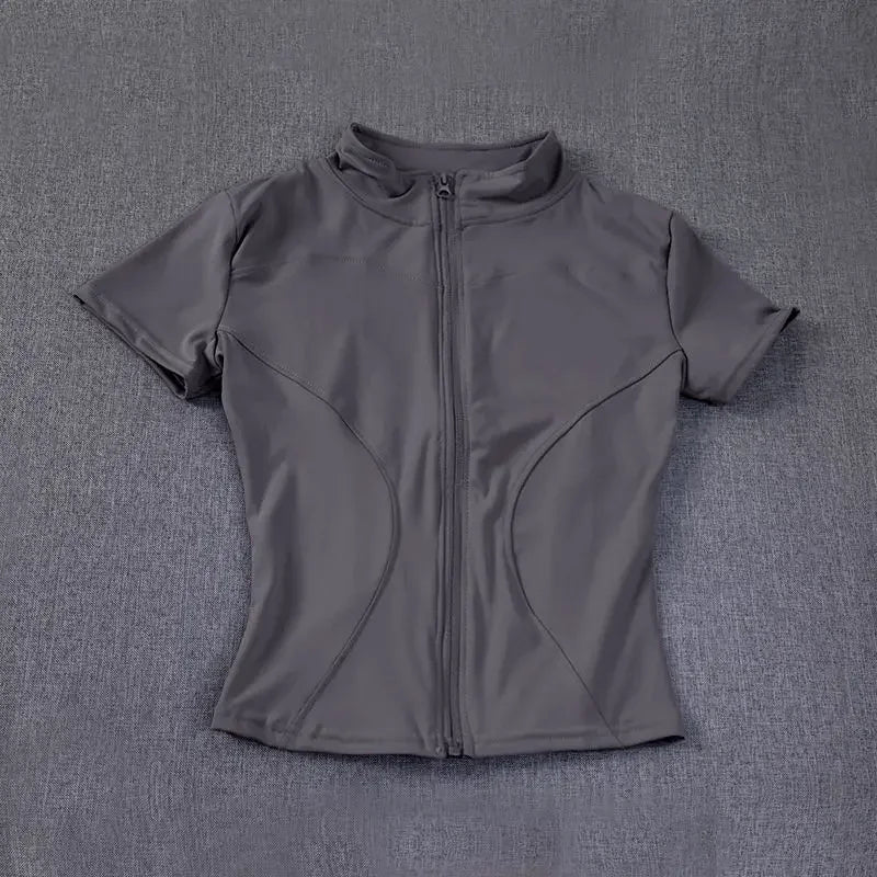 Summer High Quality Waist Slimming Training Tops Women's Quick-drying Tight Stand Collar Full Zipper Short Sleeves Yoga shirts