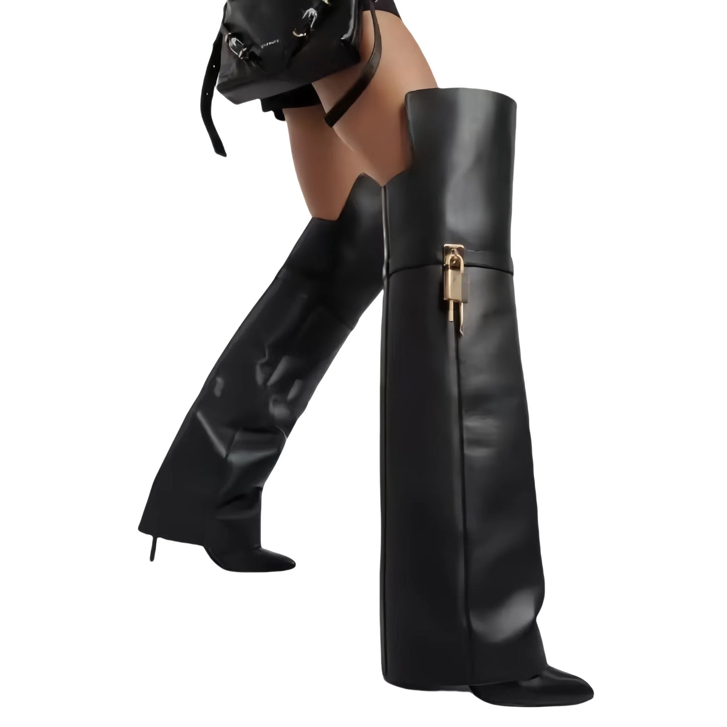 European and American women's fashionable large round toe over knee boots, slim high heels, shark button pants, long boots