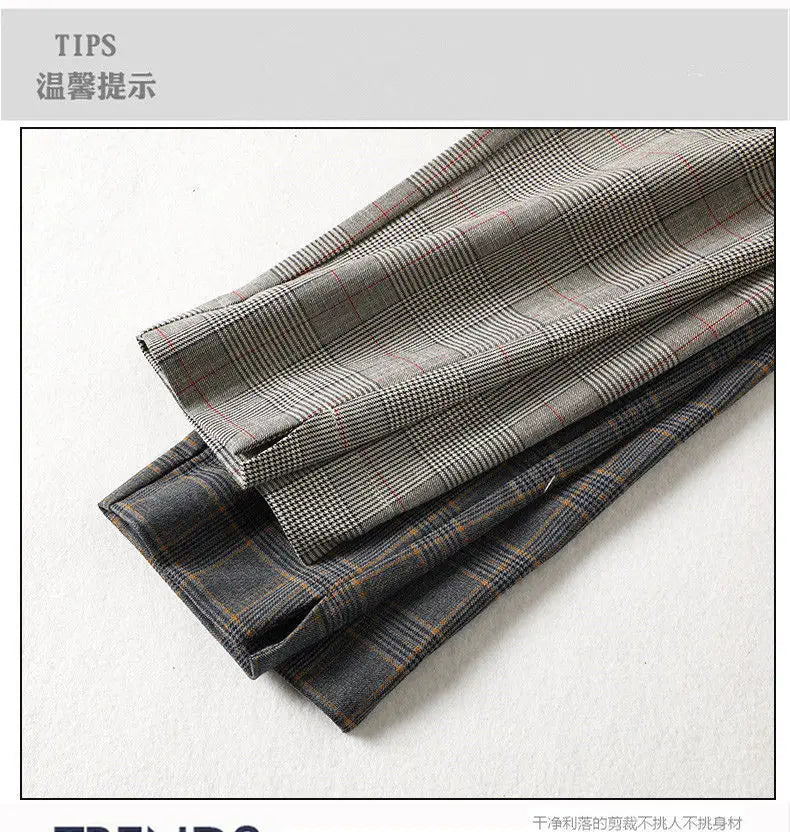Office Lady Slim Woman Clothing Plaid Suits Pants Spring Autumn New Korean Fashion Vintage High Waist Straight Casual Trousers