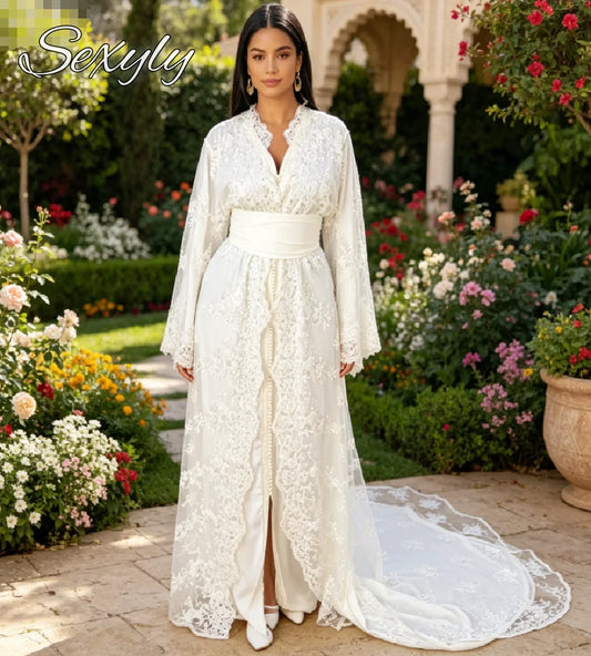 2026 Muslim Wedding Dress White Lace Flare Sleeve Open Front Modest Bridal Gown Dubai Moroccan Caftan Islamic Marocain Party