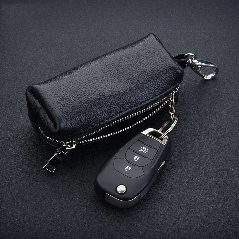 Genuine Leather Key Holder - Unisex Car/House Key Organizer Pouch with Long Keychain, Cow Split Leather Wallet Case