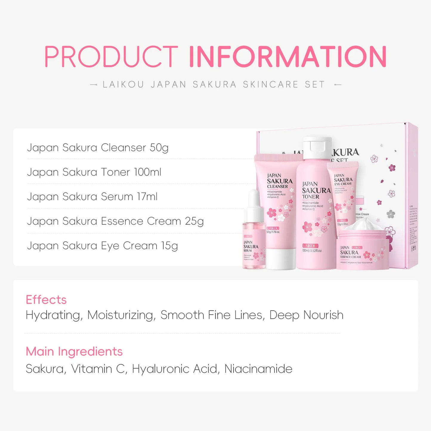LAIKOU Sakura Kit Skin Care Sets Moisturizing and Reducing Fine Lines Cleansing Pore Product 5-Piece Korean Valentine's Day Gift